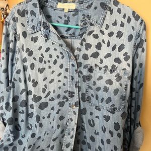 Side Stitch LA Leopard Print Soft Denim Button Down Shirt Blouse